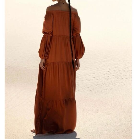 Diarrablu Kudi Dress Women's Small Rust Long Sleeve Off Shoulder Tiered Maxi NWT - Picture 4 of 11